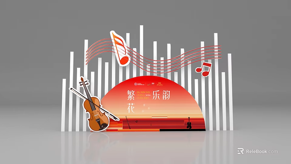 Warm Photo Spot With Violin Music Notes And Red Flower Background 3d model 