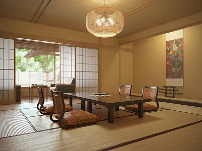 Japanese Washitsu Reception Room With Tatami Wooden Furniture Shoji Doors Hanging Lamp And Wall Art 3d model