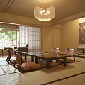 Japanese Washitsu Reception Room With Tatami Wooden Furniture Shoji Doors Hanging Lamp And Wall Art