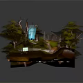 Cartoon Fantasy Scene With Colorful Terrain Lush Trees Blue Water Ponds And Small Wooden Cabin