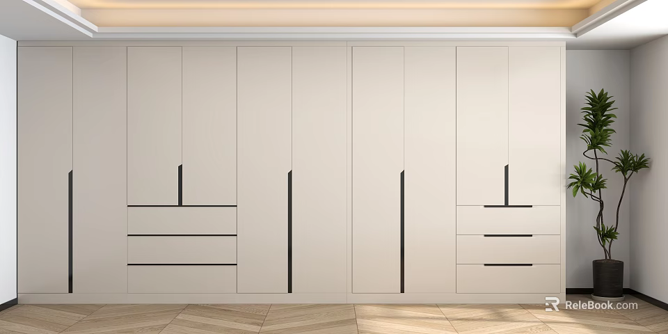 Modern Bedroom Interior Design With White Wardrobes Black Handles And Light Wood Flooring 3d model 