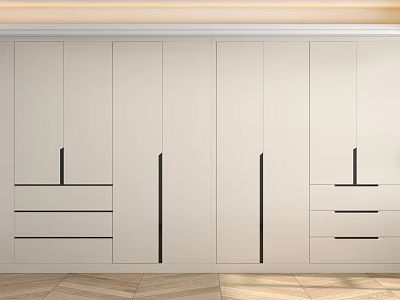 Modern Bedroom Interior Design With White Wardrobes Black Handles And Light Wood Flooring 3d model