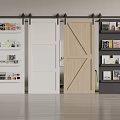 Sliding Doors with Wooden and White Panels and Side Shelves Holding Books and Decorative Items