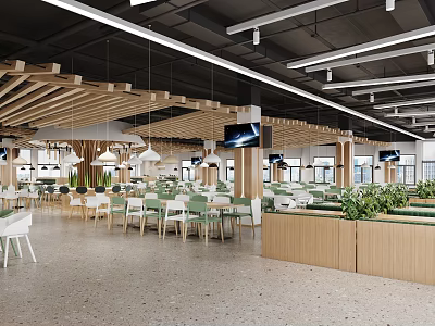 Modern Restaurant Interior Featuring Wooden Ceiling Pendant Lights Green Plants Tables And Chairs 3d model