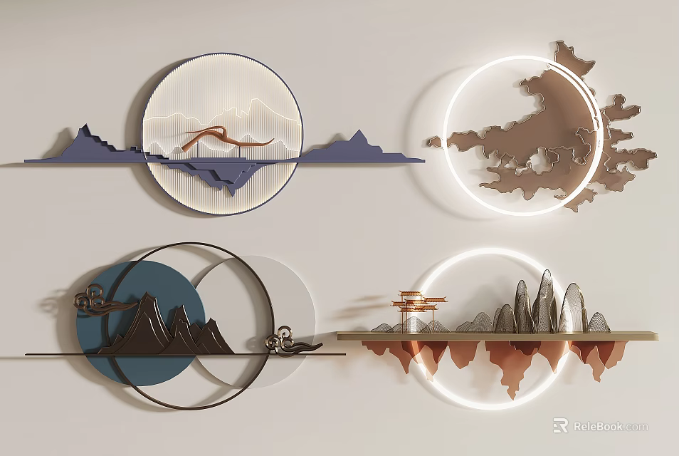 Creative Modern Wall Decor With Circular Mountain Patterns And Integrated Lighting Elements 3d model
