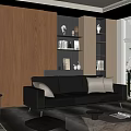Modern Living Room Interior Decorative Ornament Combination with Bookshelf Vases Sculptures and Black Sofa