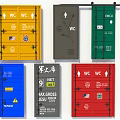Colorful Public Restroom Swing Doors With WC Signs And Emergency Markings