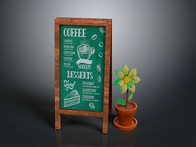 Coffee Shop Building Featuring Wooden Menu Board Potted Yellow Flower And Dessert Icons 3d model