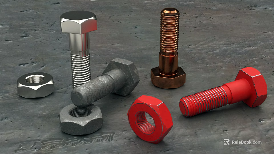 High Quality Metal Hardware Tools With Hexagonal Silver Copper Red Bolts And Nuts 3d model 