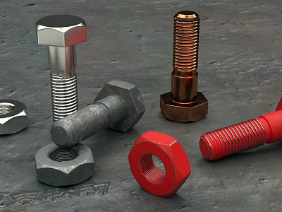 High Quality Metal Hardware Tools With Hexagonal Silver Copper Red Bolts And Nuts 3d model