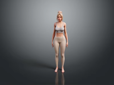 Woman in Gray Sports Bra and Beige Leggings Standing Barefoot on Reflective Floor 3d model