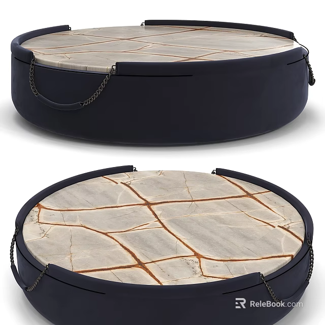 Modern Round Coffee Table Design With Marble Top Dark Frame And Metal Chains 3d model 