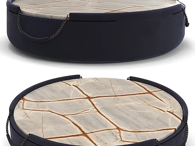 Modern Round Coffee Table Design With Marble Top Dark Frame And Metal Chains 3d model