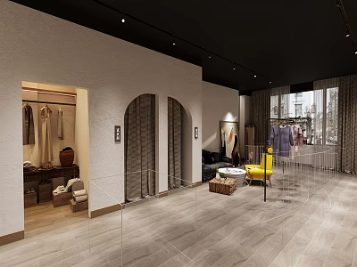 Stylish Clothing Store Interior With Arched Doorways Hanging Clothes Sofa Large Windows And Wooden Flooring 3d model