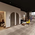 Stylish Clothing Store Interior With Arched Doorways Hanging Clothes Sofa Large Windows And Wooden Flooring