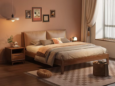 Warm Wooden Double Bed With Decorative Pillows Nightstands Table Lamps Checkered Rug And Wall Art 3d model