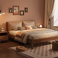 Warm Wooden Double Bed With Decorative Pillows Nightstands Table Lamps Checkered Rug And Wall Art