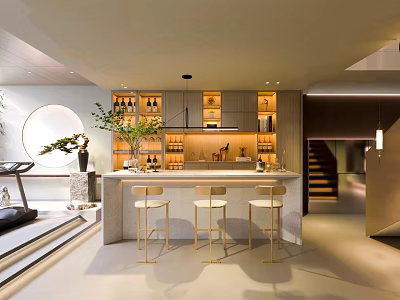 Modern Bar Area With Counter Stools Wine Racks And Decorative Plants 3d model