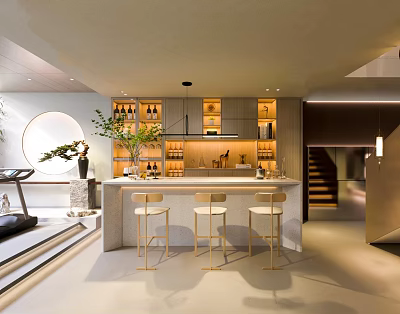 Modern Bar Area With Counter Stools Wine Racks And Decorative Plants 3d model