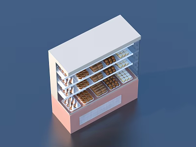 Glass Front Bakery Display Case With Multiple Shelves Holding Assorted Baked Goods And Fresh Pastries 3d model