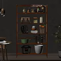 Organized Kitchen Utensils on Multi Tiered Wooden Shelf with Toaster Kettle Pots Rice Cooker and Jars