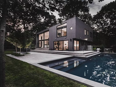 Modern Detached Villa Exterior With Swimming Pool Large Windows Terrace And Trees 3d model