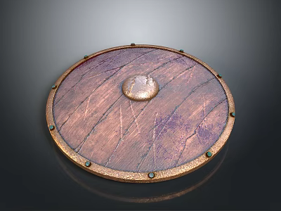 Round Shield Weapon With Wooden Texture Metal Rivets And Central Metal Decoration 3d model