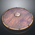 Round Shield Weapon With Wooden Texture Metal Rivets And Central Metal Decoration