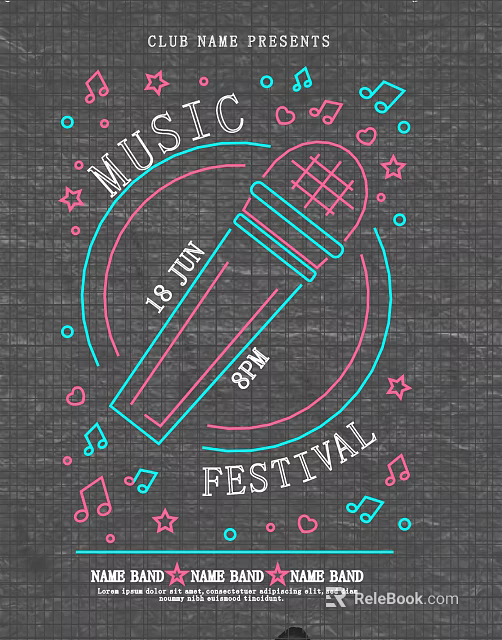 Colorful Decorative Lights for Music Festival with Stars Music Notes and Microphone on June 18 8PM 3d model 