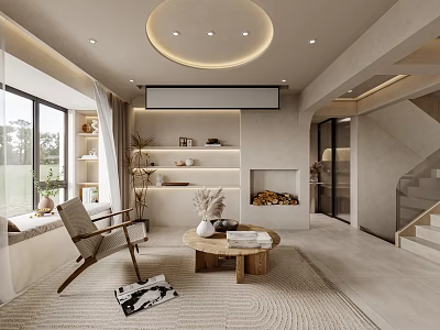 Modern Living Room With Circular Ceiling Light Large Windows Fireplace Shelves And Armchair 3d model