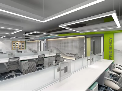 Modern Public Office Space With Open Workstations Ceiling Lights And Green Wall 3d model