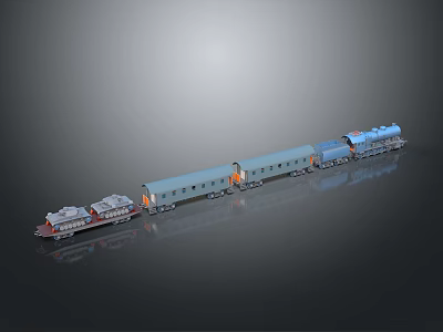 Blue Locomotive Train Model With Sleeping Carriages On Gray Reflective Background 3d model
