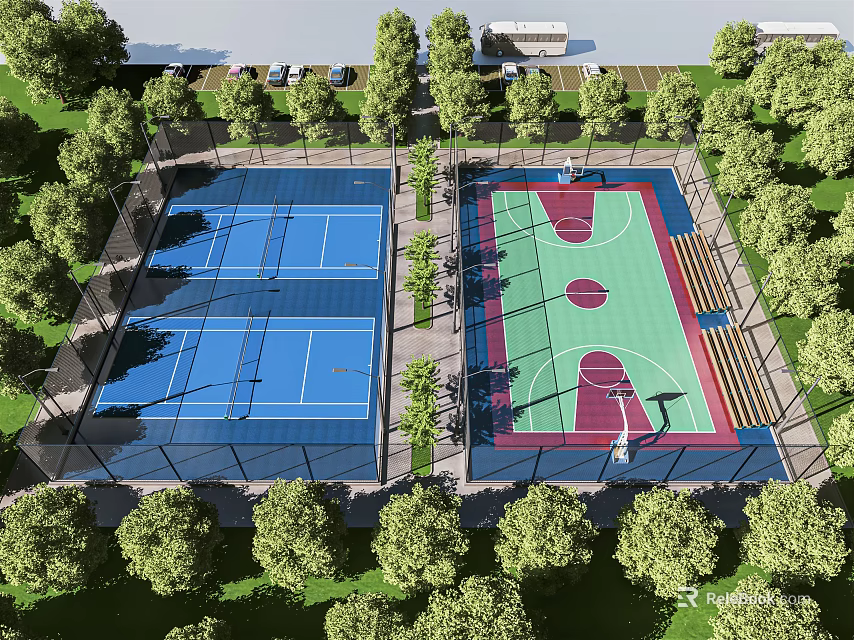 Outdoor Basketball Court Design With Green And Red Flooring And Surrounding Trees 3d model 