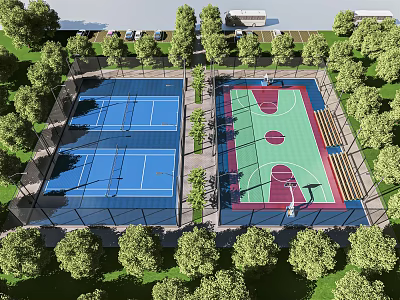 Outdoor Basketball Court Design With Green And Red Flooring And Surrounding Trees 3d model