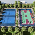 Outdoor Basketball Court Design With Green And Red Flooring And Surrounding Trees