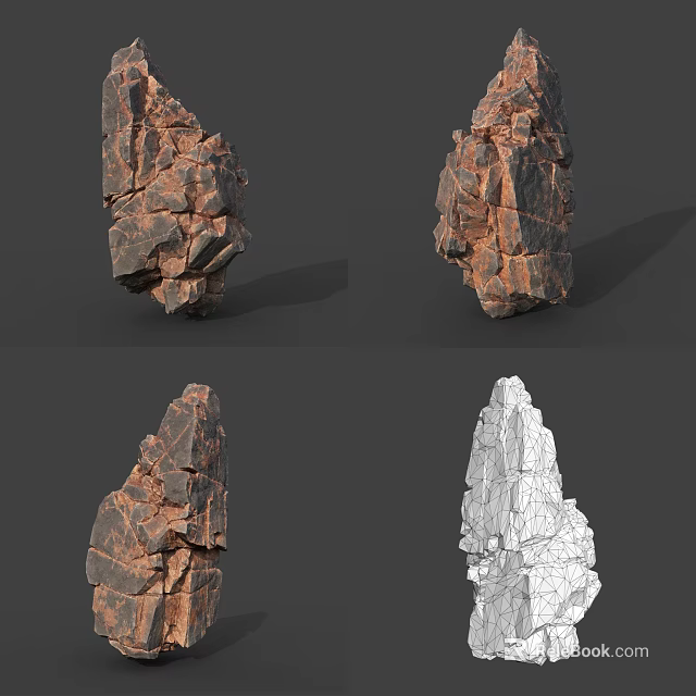 3D Rock Model Displaying Different Angles With Textured Surface And Wireframe View 3d model 