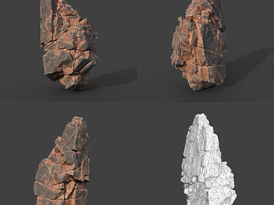 3D Rock Model Displaying Different Angles With Textured Surface And Wireframe View 3d model
