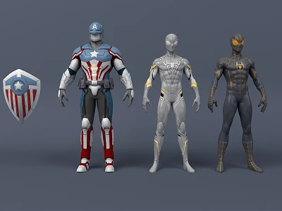 Game and Movie Superhero Characters With Shield Silver Suit and Black Armor Designs 3d model