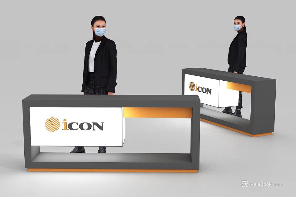 Modern Reception Desk With ICON Logo And Staff In Black Suits Wearing Masks 3d model 
