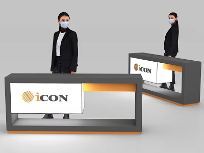 Modern Reception Desk With ICON Logo And Staff In Black Suits Wearing Masks 3d model