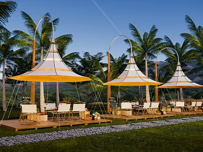 Yellow And White Tents On Wooden Deck With Palm Trees Mountain View And White Chairs 3d model