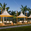 Yellow And White Tents On Wooden Deck With Palm Trees Mountain View And White Chairs
