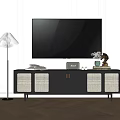 Modern Black TV Stand with Woven Doors Books Vase Clock and Floor Lamp