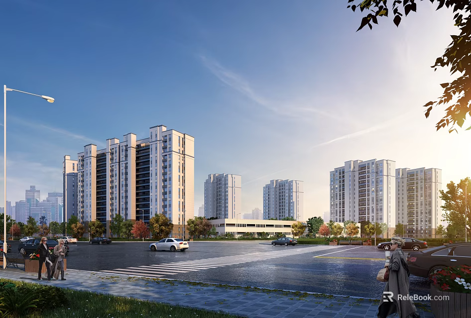 Modern High Rise Residential Buildings With Greenery Street Vehicles Pedestrians Under Clear Blue Sky 3d model 