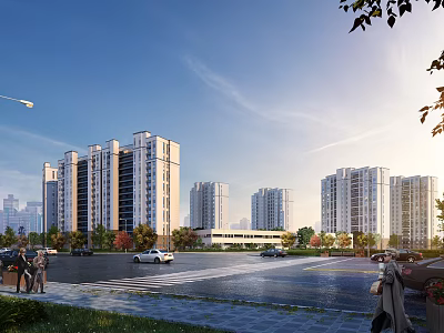 Modern High Rise Residential Buildings With Greenery Street Vehicles Pedestrians Under Clear Blue Sky 3d model