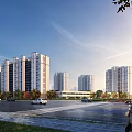 Modern High Rise Residential Buildings With Greenery Street Vehicles Pedestrians Under Clear Blue Sky