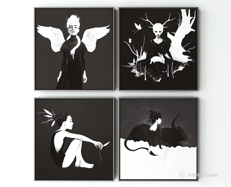 Black and White Figure Paintings With Winged Horned and Feathered Characters 3d model 