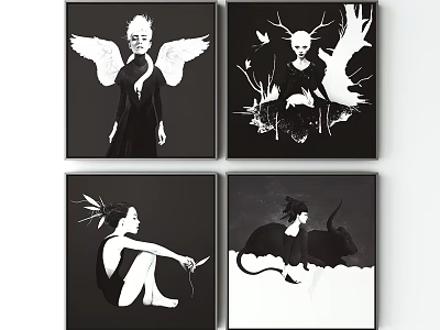 Black and White Figure Paintings With Winged Horned and Feathered Characters 3d model