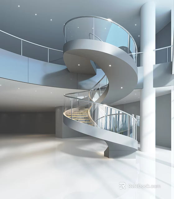 Modern Front Desk Reception Area With Spiral Staircase And Glass Railings 3d model 