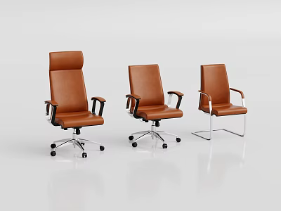Brown Leather Office Chairs With Three Different Designs High Back And Swivel Base 3d model